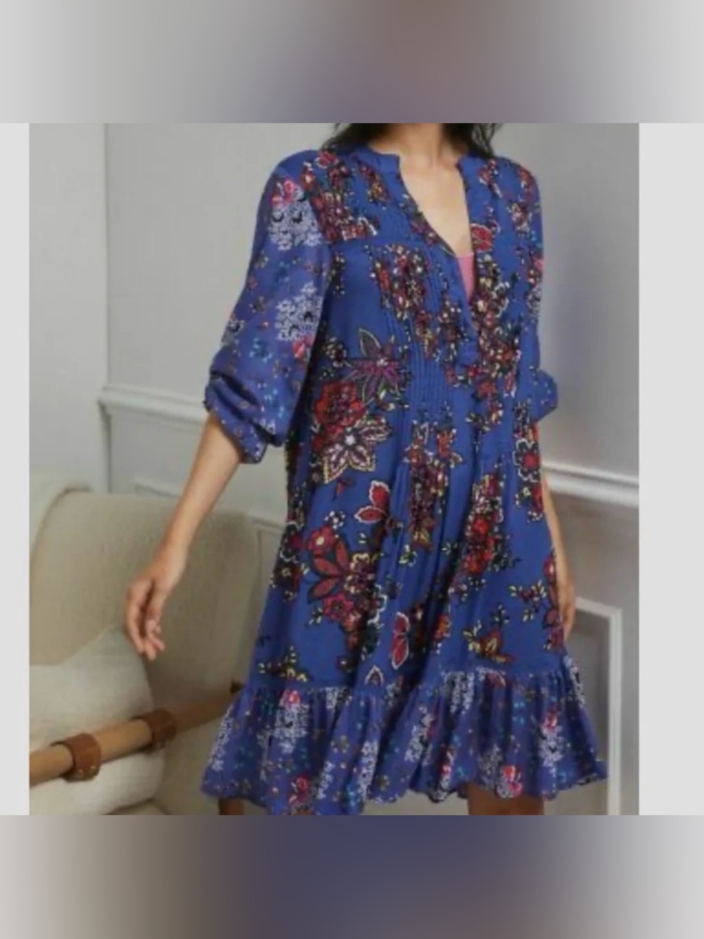 Anthropologie Diana Pintucked Floral Print Purple Tunic Dress
Size Small S Boho